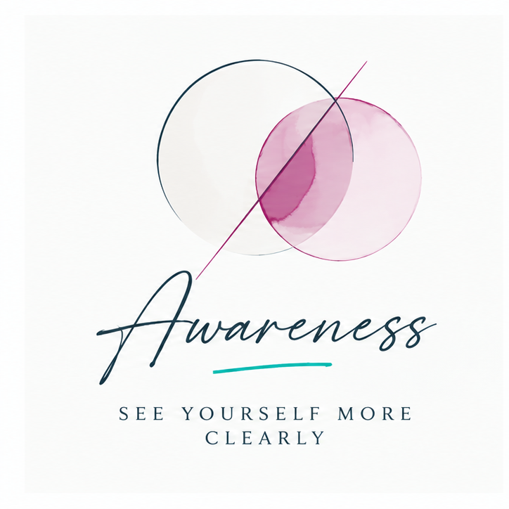 Design with overlapping circles in soft pink and beige, the word "Awareness" in cursive, and the phrase "See yourself more clearly" underneath.