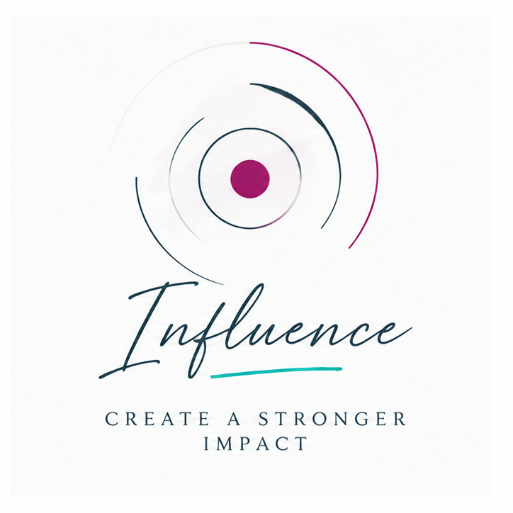 Design with concentric circles and a magenta dot in the center, featuring the word "Influence" and the phrase "Create a Stronger Impact".