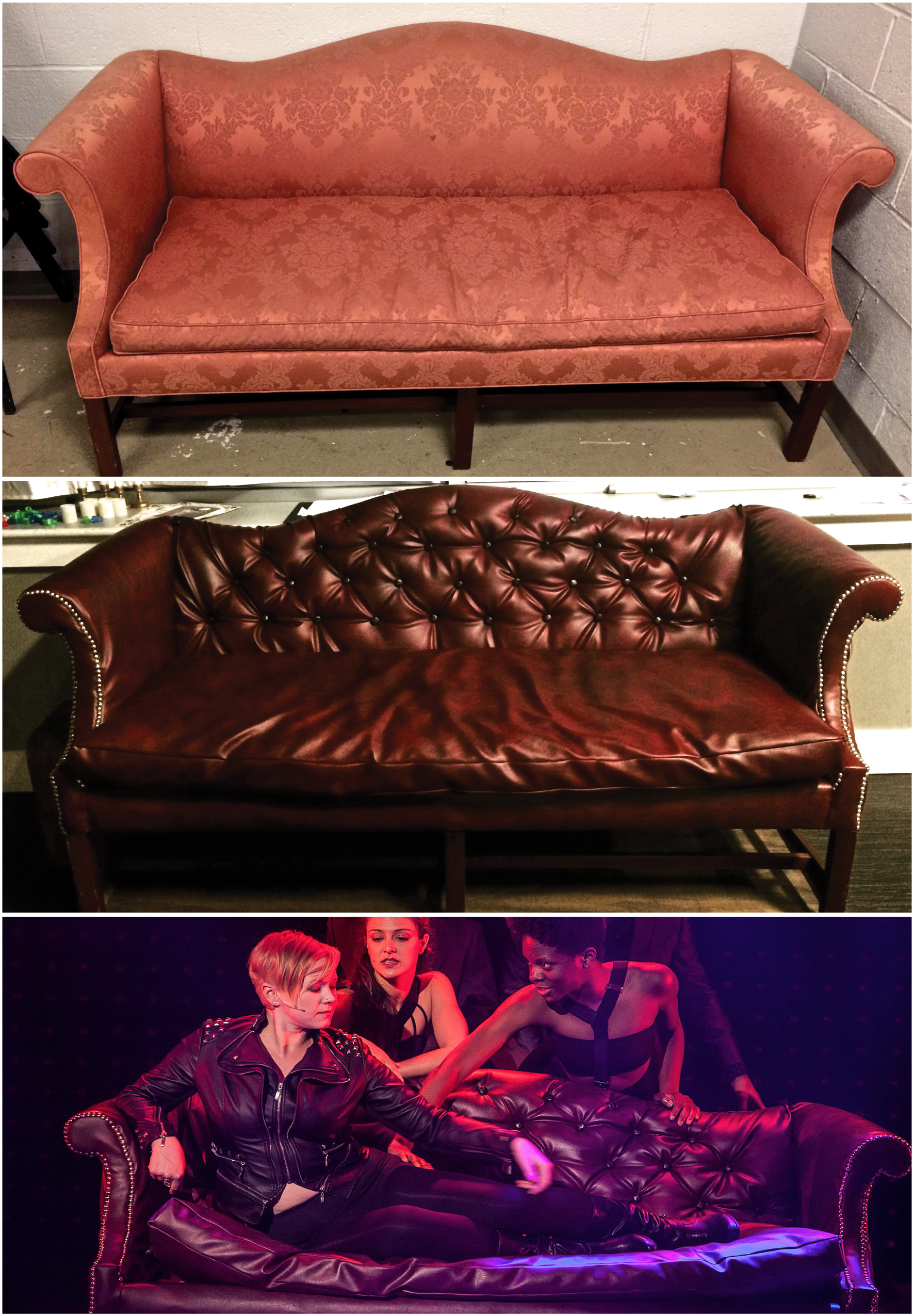 reupholstering a couch for designer Jason Sherwood for a new musical
