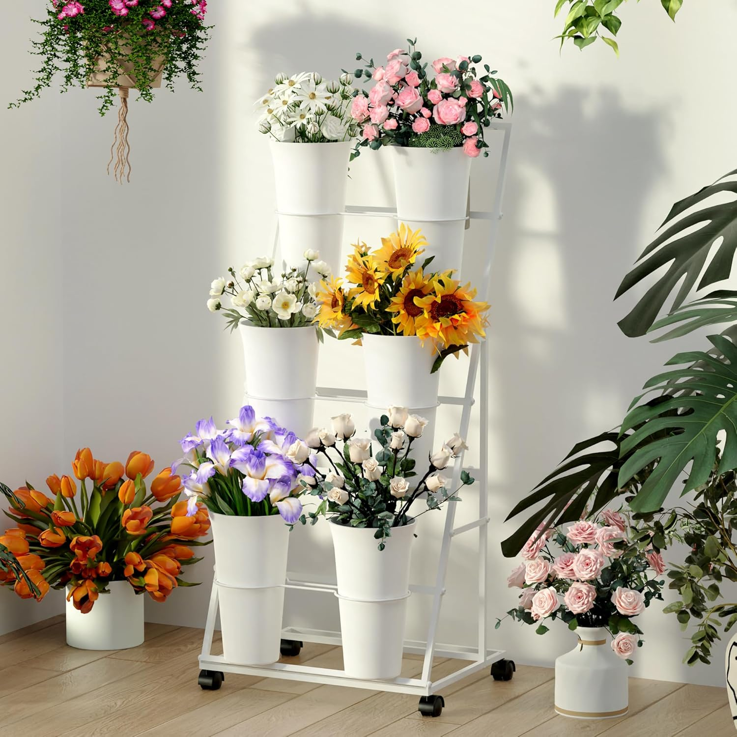 3 Tier White Flower Cart Display