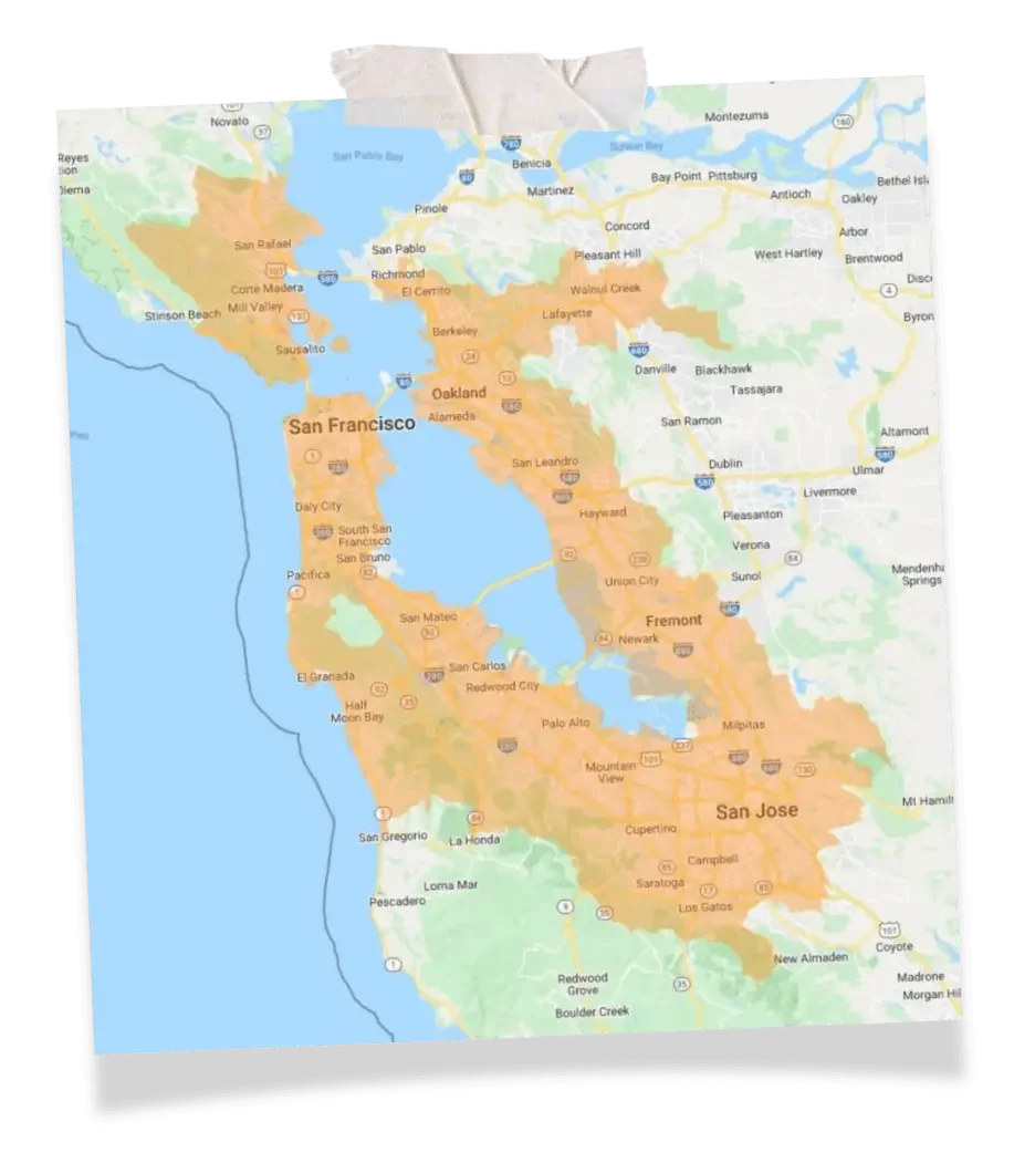 Map of the San Francisco Bay Area showing cities such as San Francisco, San Jose, Oakland, and Sacramento, with shaded regions indicating areas of population density or other data.