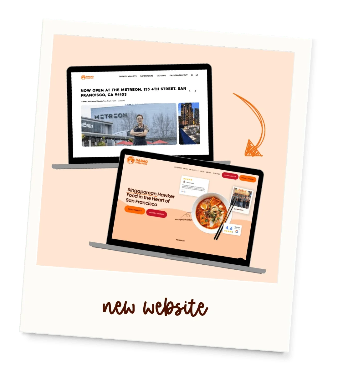 A digital illustration showing two laptops with a peach-colored background. The top laptop displays a webpage with information about a location in San Francisco, while the bottom laptop shows a webpage for a Singaporean restaurant called DABAO Japanese. An orange arrow points from the top to the bottom laptop. The image has the text "new website" handwritten at the bottom.
