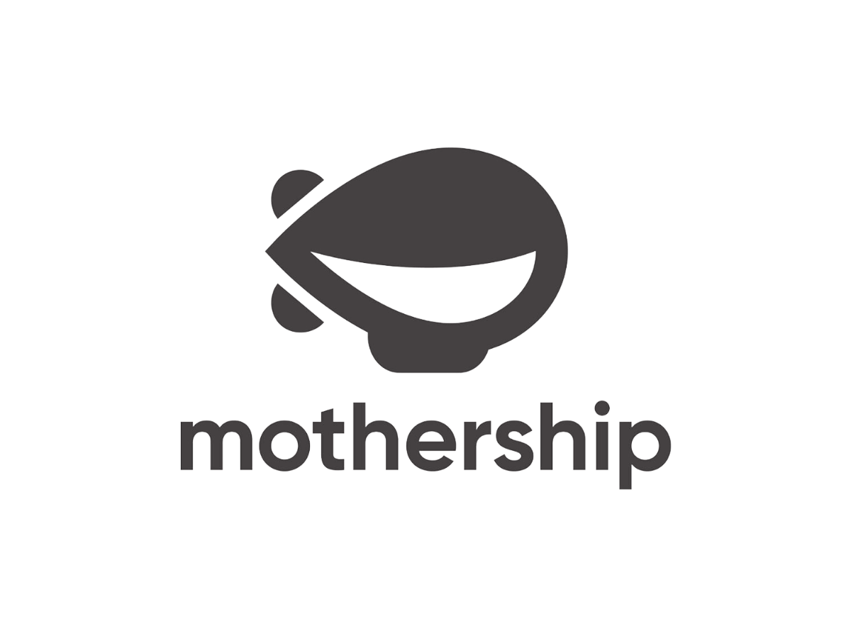 A black and white logo of a smiling, stylized fish with the word 'mothership' written below in lowercase letters.