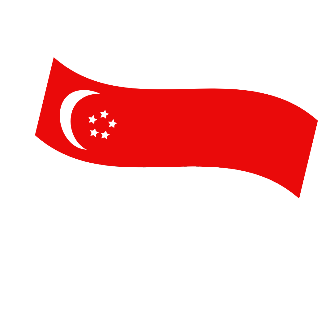 Singapore flag waving with red and white horizontal stripes, a white crescent moon, and five white stars in a circle on a red background.