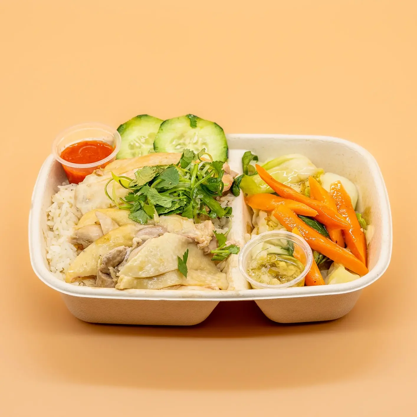 Vegetable and rice meals in a takeout box with cucumber slices, carrots, greens, and small containers of sauces on a peach background.
