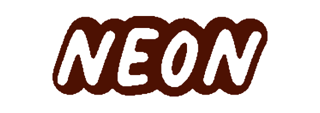 The word "NEON" written in stylized, bold, black script with a bright red background.