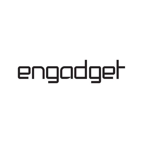 A black logo featuring a stylized robot with outstretched arms and the words 'engadget' underneath.
