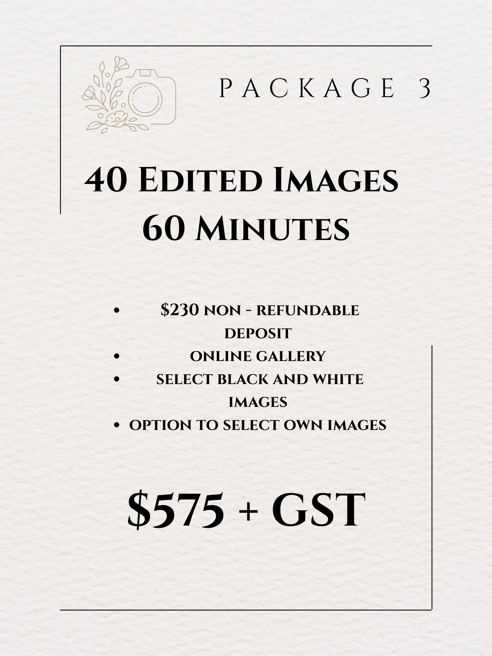 Photography service package details for Package 3, offering 40 edited images in 60 minutes for $575 plus GST, with a $230 non-refundable deposit. Includes online gallery, black and white selection, and option to select own images.