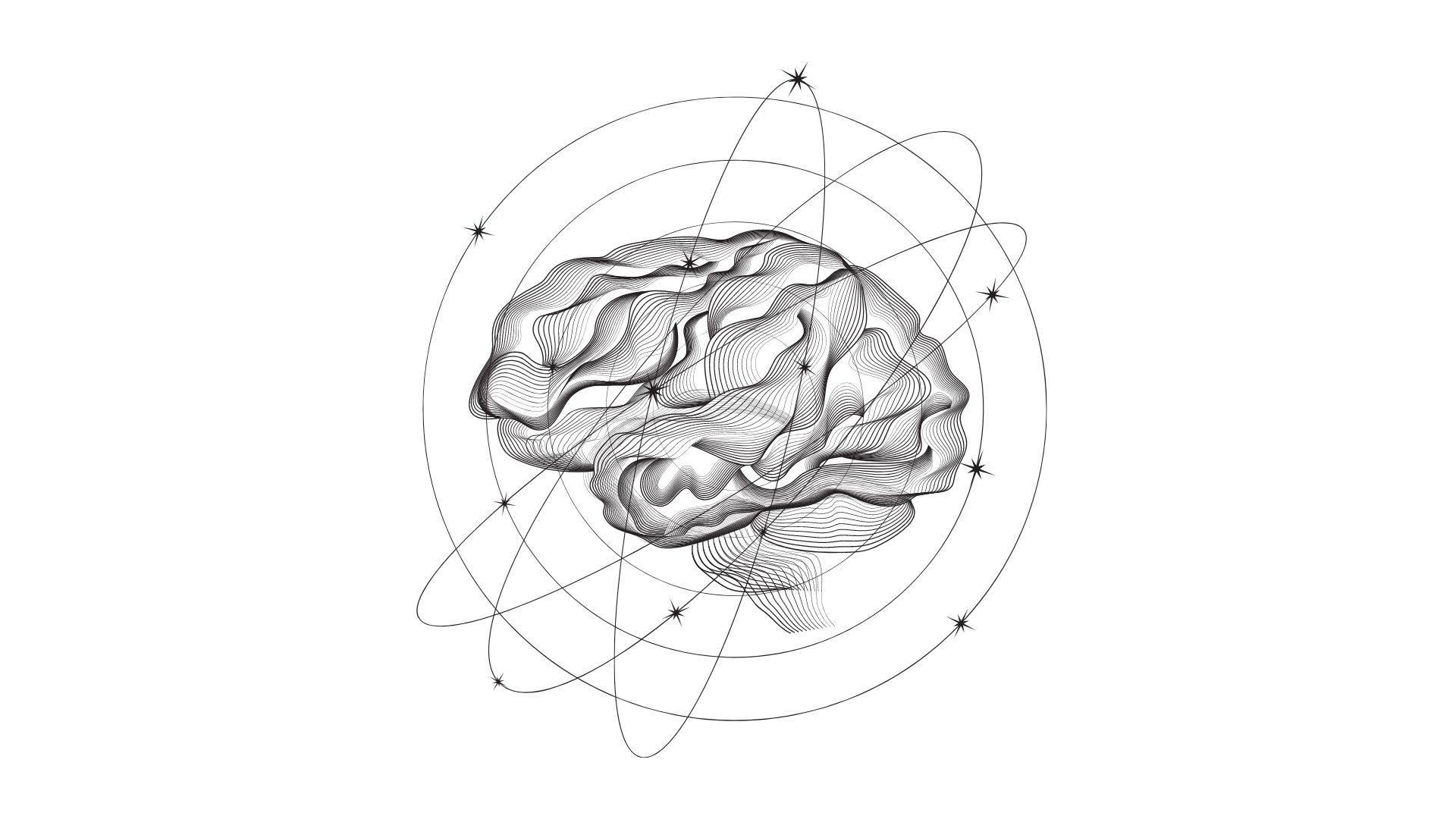 Illustration of a brain with circular lines and star symbols on a black background
