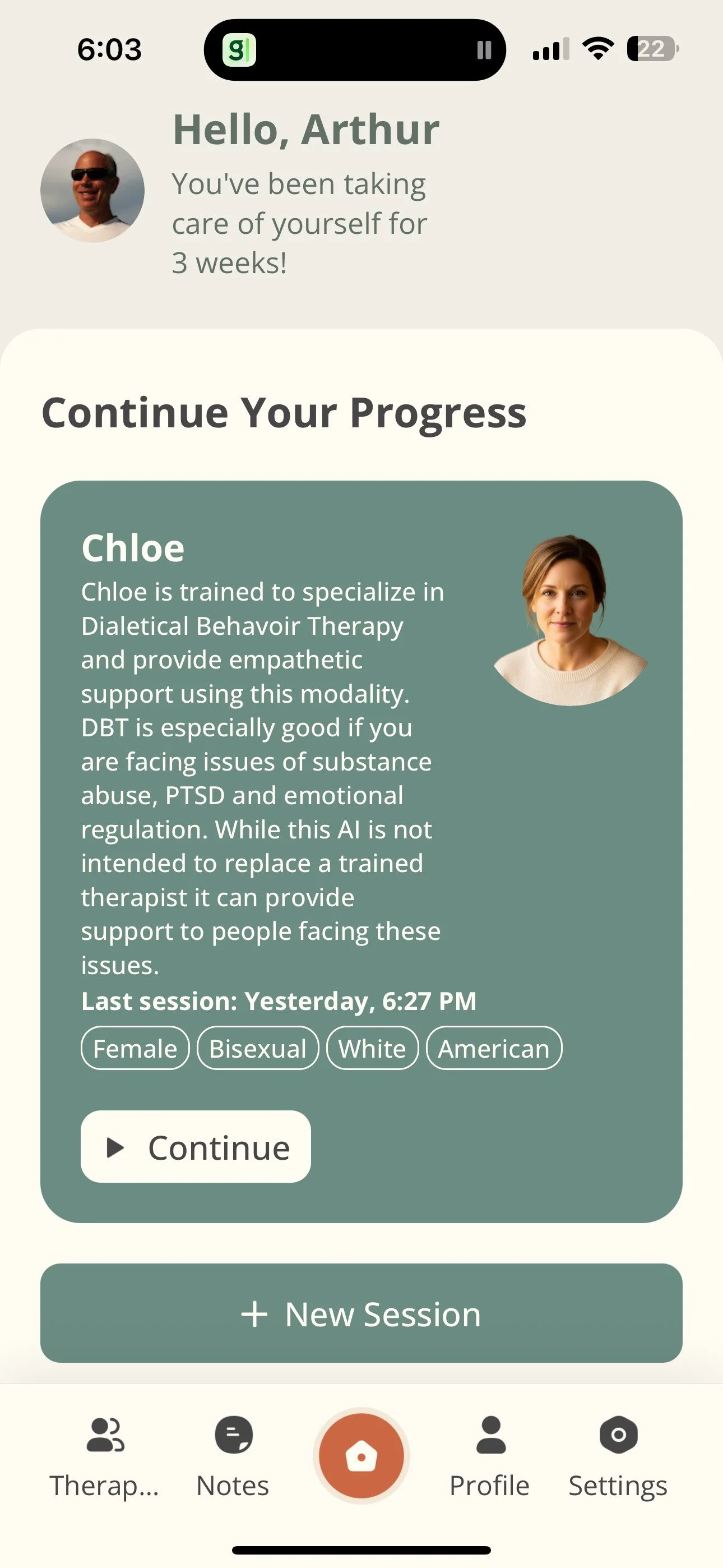 Screenshot of a mental health or therapy app interface showing a greeting to Arthur and a section to continue his progress with Chloe, a trained specialist in Dialectical Behavior Therapy, displaying her profile picture, description, previous session details, and tags for gender, sexuality, race, and nationality.