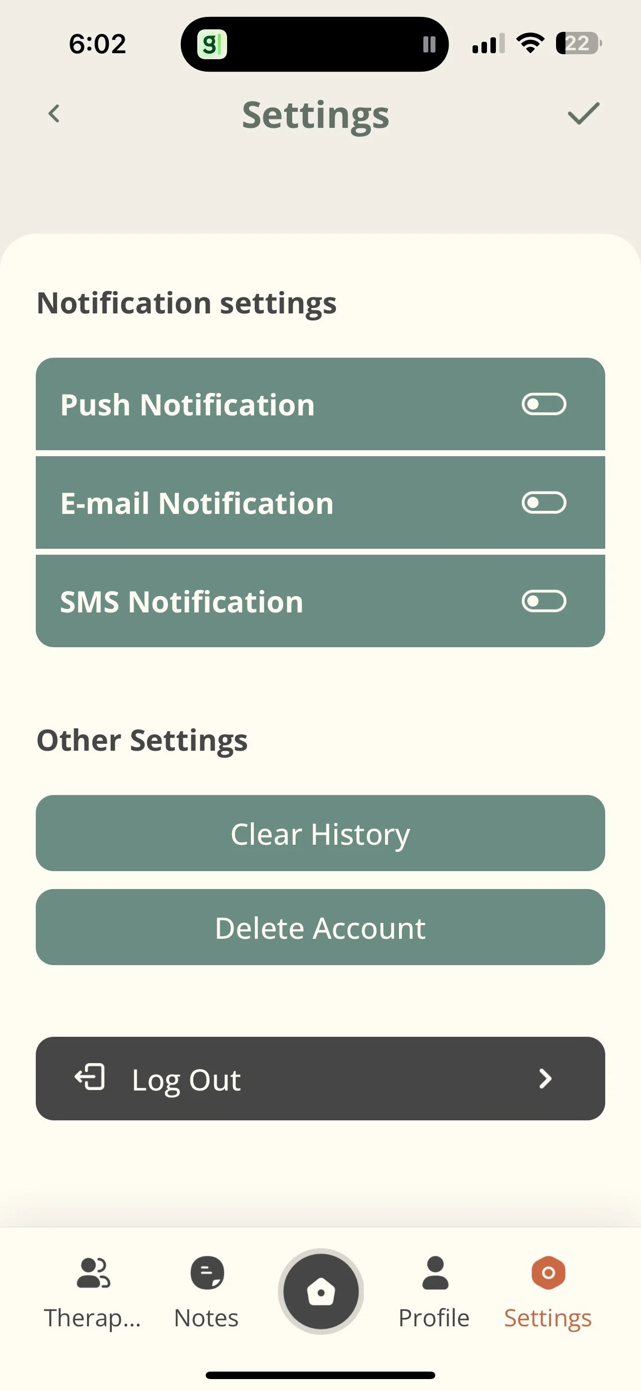 Mobile phone screen displaying the settings menu of an app, with notification options for push, email, and SMS, and options to clear history, delete account, or log out.