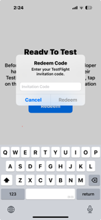 Screenshot of a mobile app screen showing a 'Ready To Test' page with a 'Redeem Code' button and a pop-up prompt to enter a test flip invitation code, with a keyboard visible.