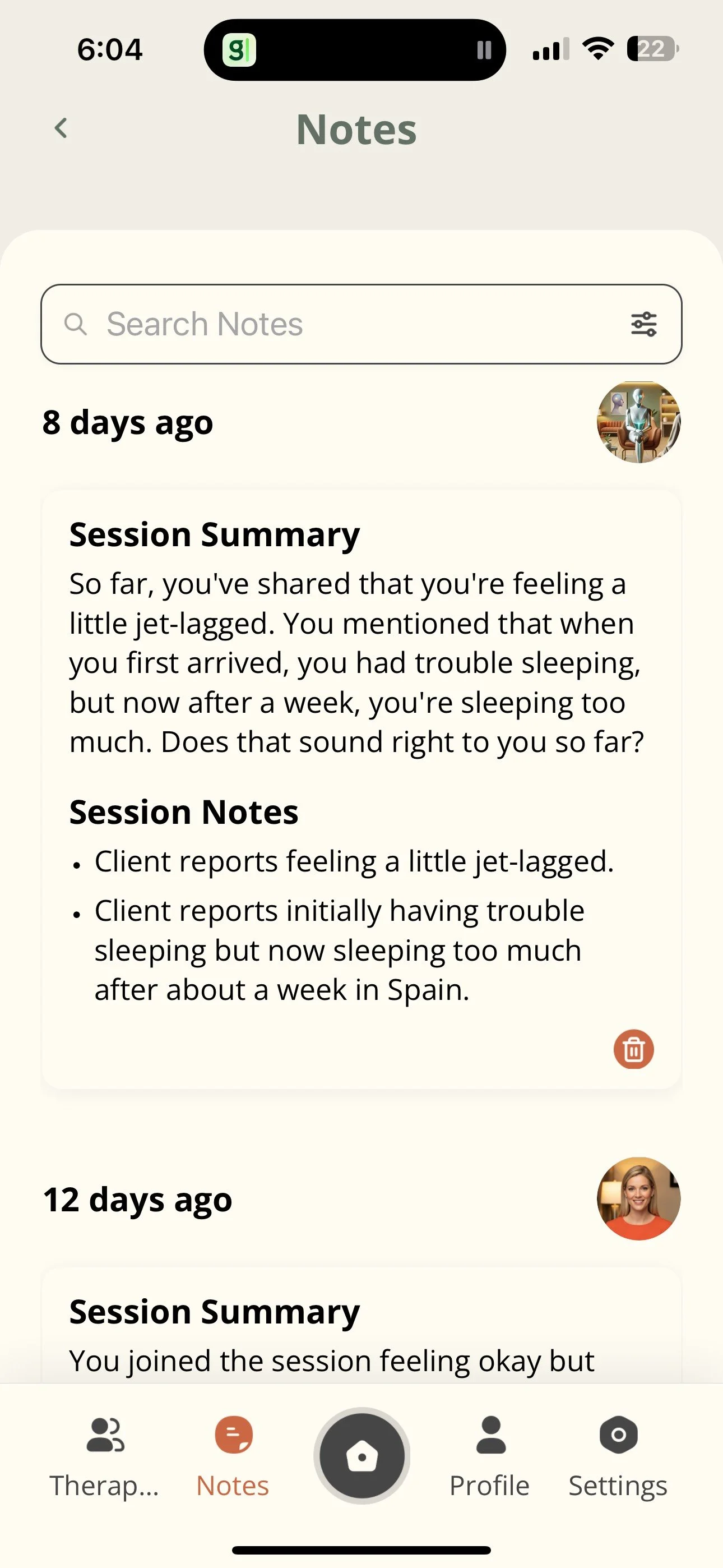Screenshot of notes in a mental health app with session summaries about feelings of jet-lag and sleep issues, and session notes indicating client reports. The app has navigation icons at the bottom for therapy, notes, profile, and settings.