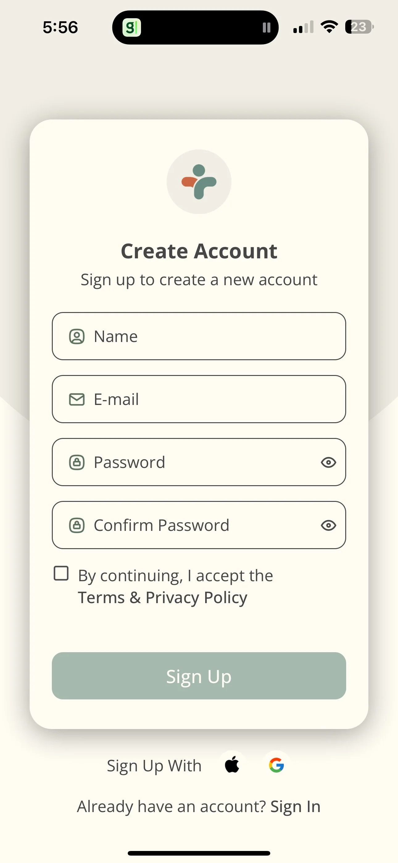 Mobile app screen showing a sign-up form with fields for name, email, password, and confirm password, and options to sign up with Apple or Google, with a sign-in link for existing users.