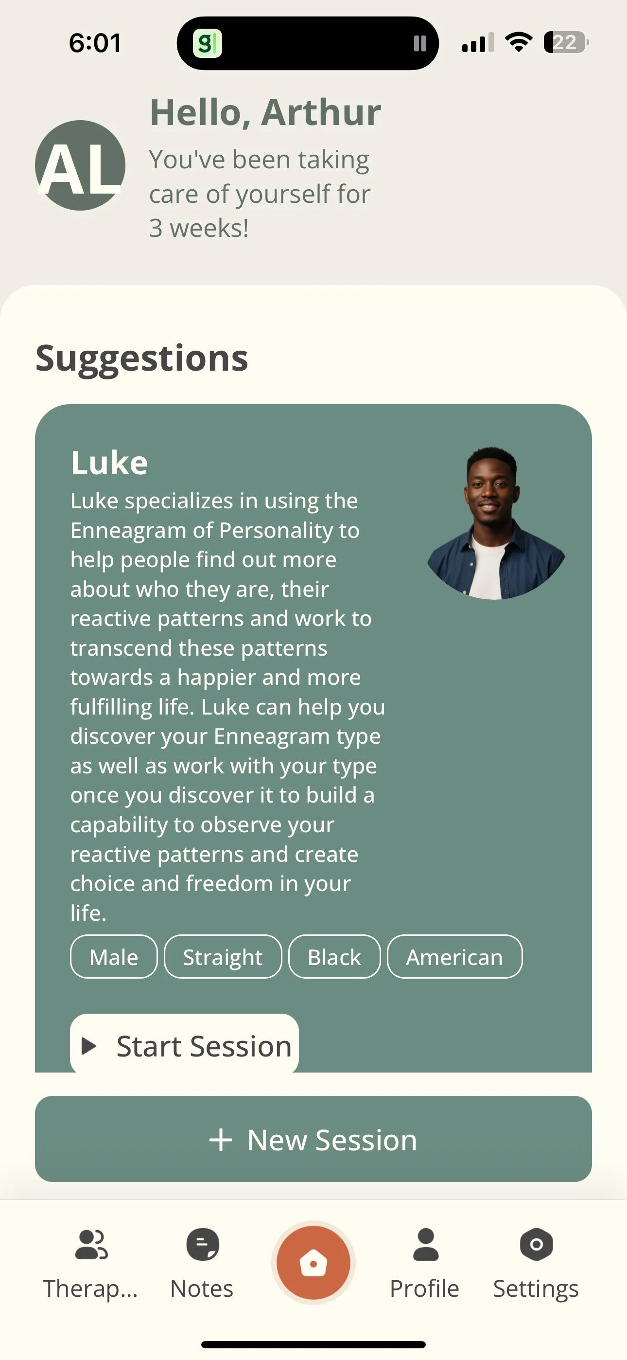 Mobile app screen showing a personalized health or self-care app greeting a user named Arthur and suggesting a session with Luke, who specializes in using the Enneagram of Personality. The interface includes options to start a session or create a new one, with navigation buttons for therapy, notes, profile, and settings at the bottom.