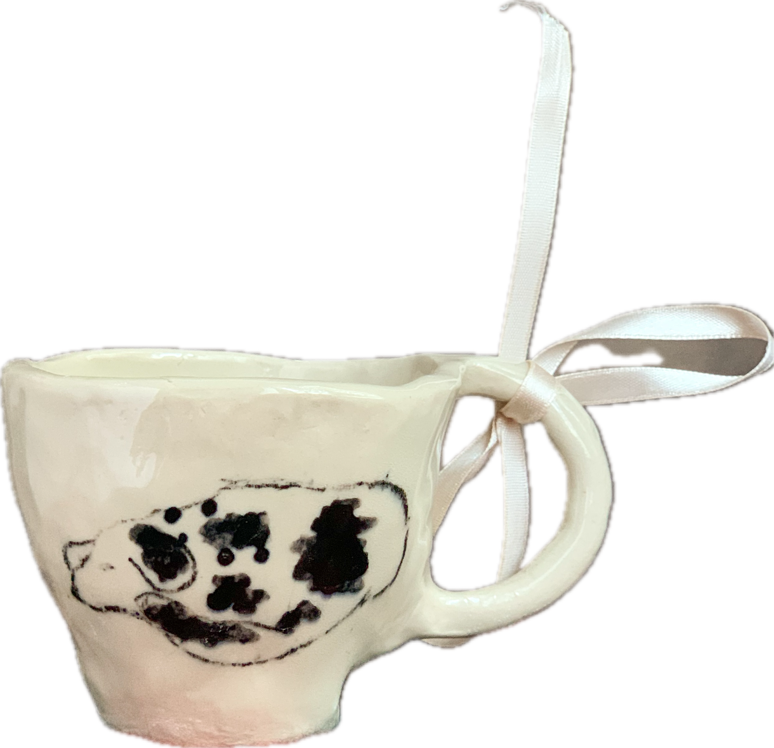 Tasse en céramique blanche avec dessin noir et ruban blanc