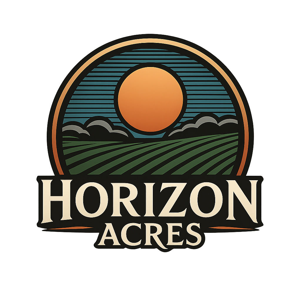 Logo for Horizon Acres featuring a sunset over rolling hills with a circular border.