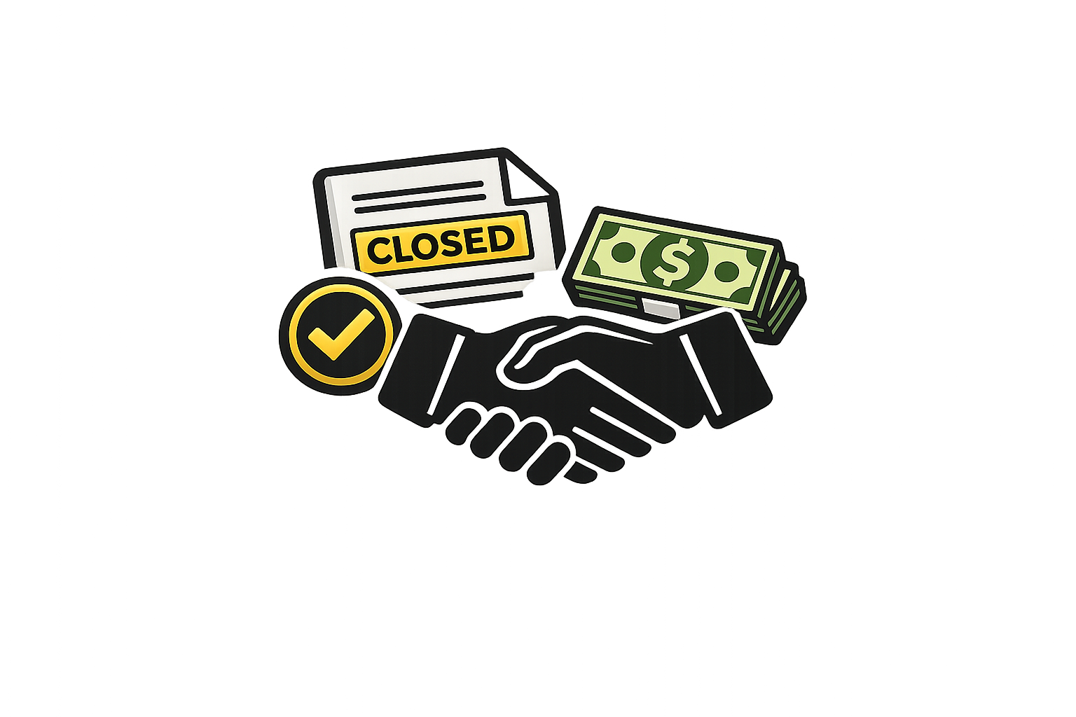 A cartoon-style illustration of a handshake with dollar bills, a closed sign, and a checkmark symbol, indicating a business deal or agreement.