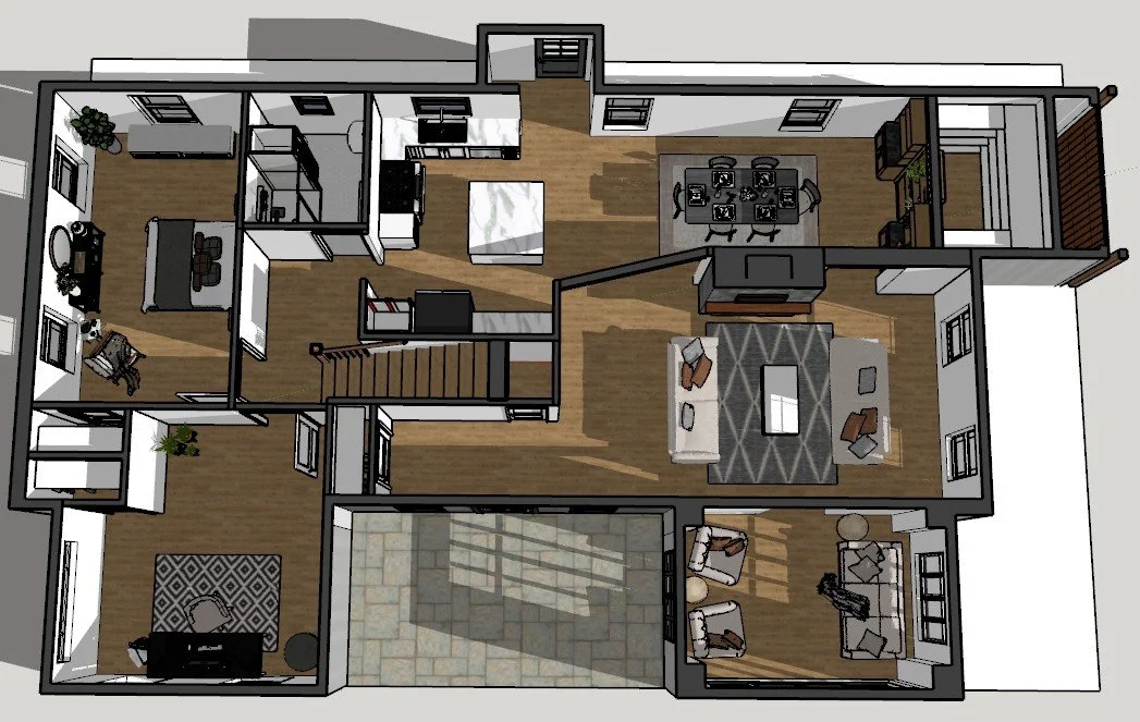 A 3D floor plan of a house showing multiple rooms including a living room, dining area, kitchen, bedrooms, bathrooms, and an outdoor patio area.