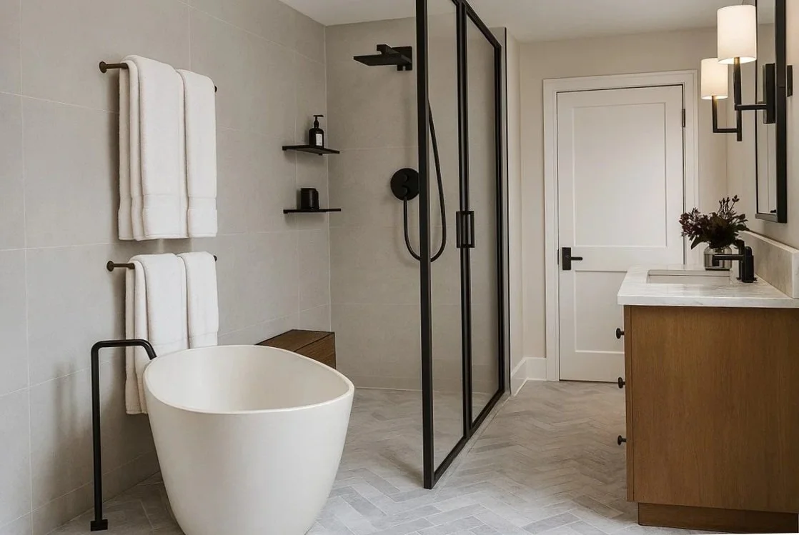 Modern bathroom with a freestanding bathtub, black framed glass shower enclosure, wooden vanity with a white countertop, wall-mounted lights, and white towels on hooks.