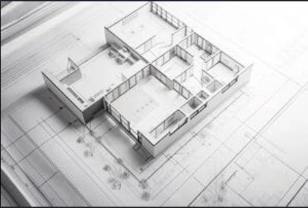 Black and white architectural blueprint of a building with multiple rooms and exterior walls.