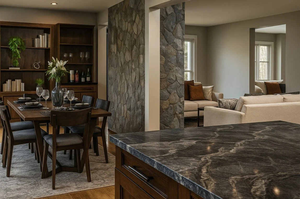Opened an unused room to existing kitchen and living room to create an open entertaining space. Custom built in cabinetry to house cocktail making accoutrements with a secret bookshelf door, opening into a wine fridge and pantry area.