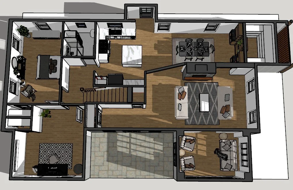 A detailed top-down view of a modern house floor plan showing various rooms including living rooms, bedrooms, kitchen, dining area, and outdoor patio with furniture.