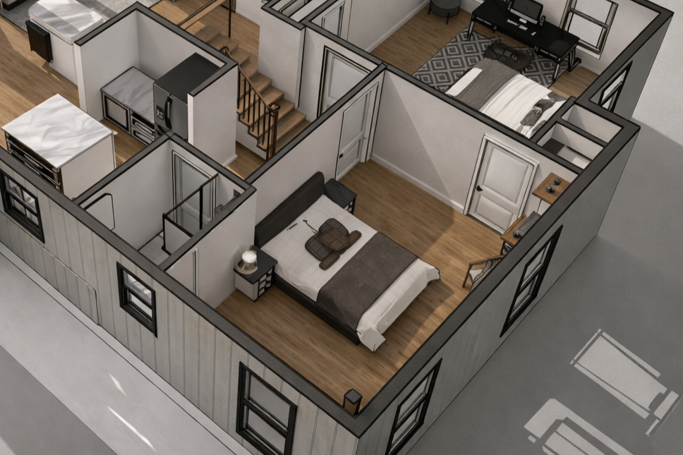 A 3D model of a small house with two bedrooms, a bathroom, a kitchen, and a living area, all with hardwood floors and modern furnishings.