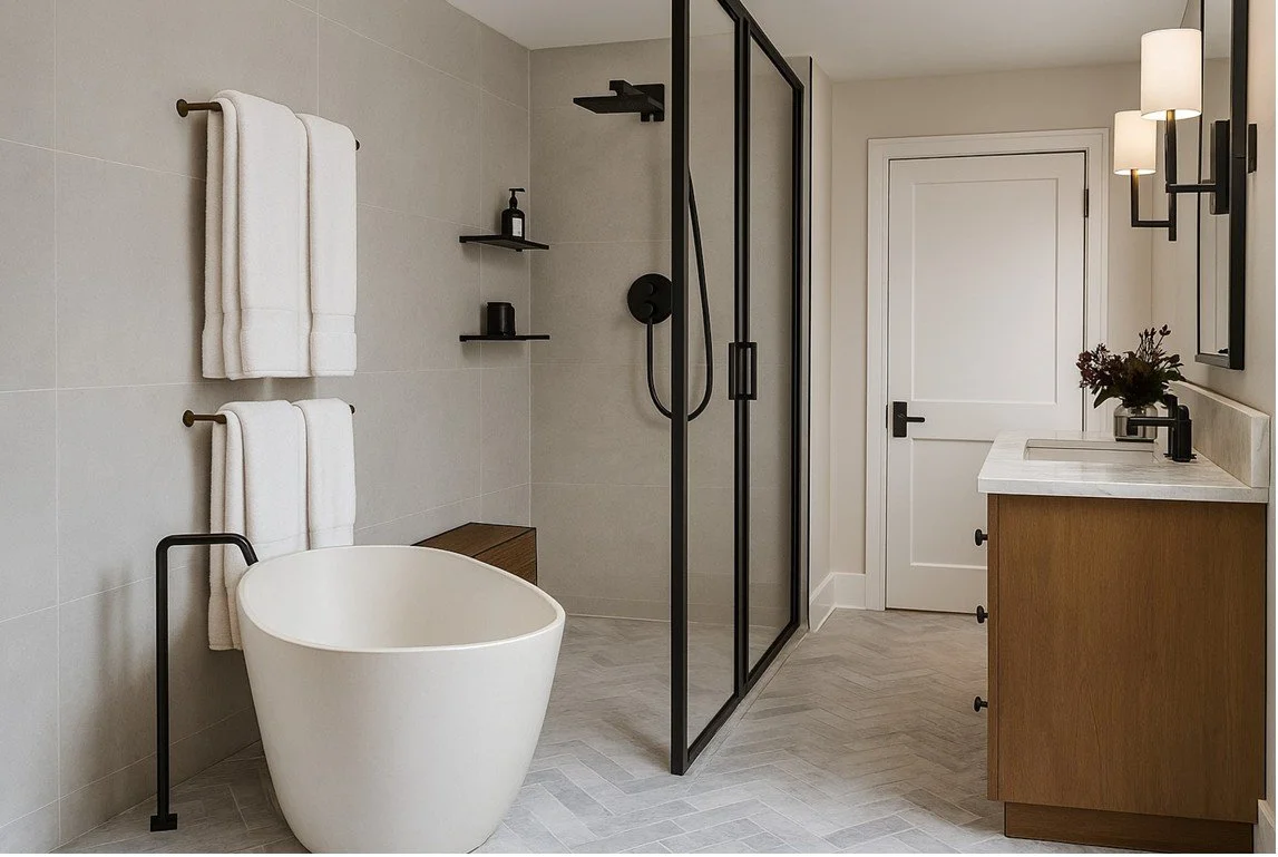 Primary bathroom remodel. Includes a wet room, toilet closet, and entry directly into a laundry room.