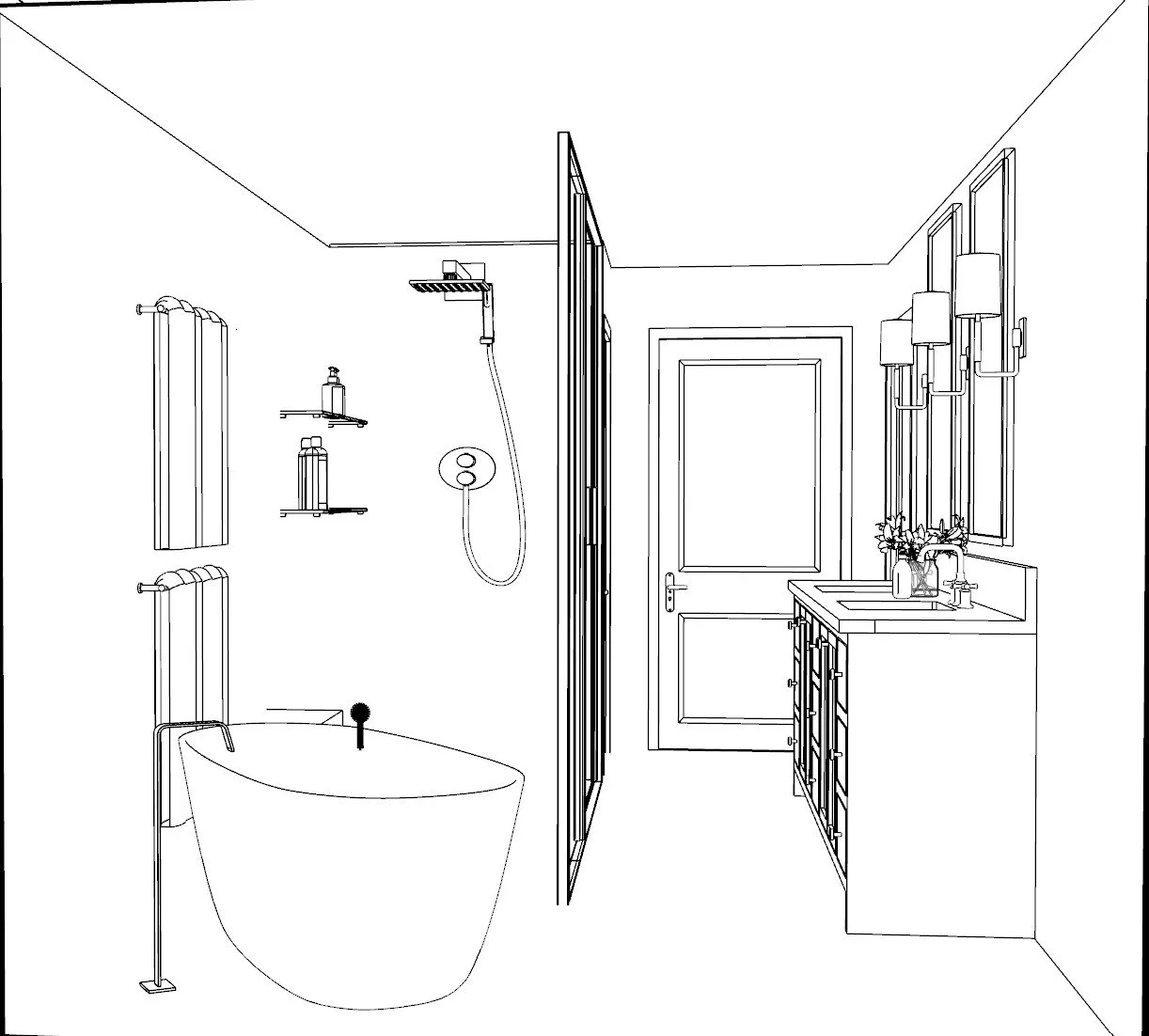 Line drawing of a bathroom with a bathtub, a shower area separated by a glass partition, a vanity with a sink, a mirror, and two windows.