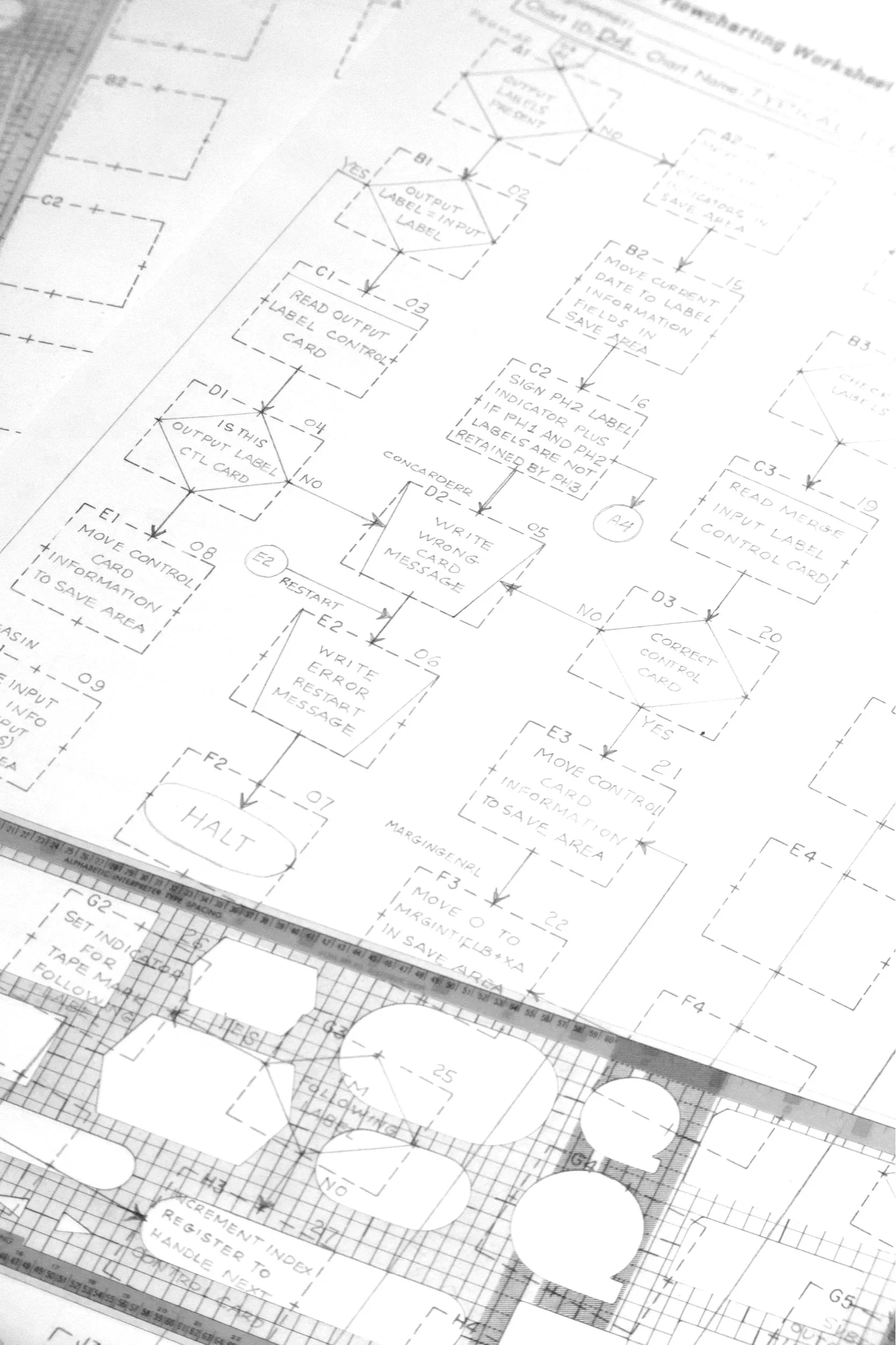 A detailed technical wiring and control diagram with various labels, symbols, and interconnected components, including a transparent ruler at the bottom.