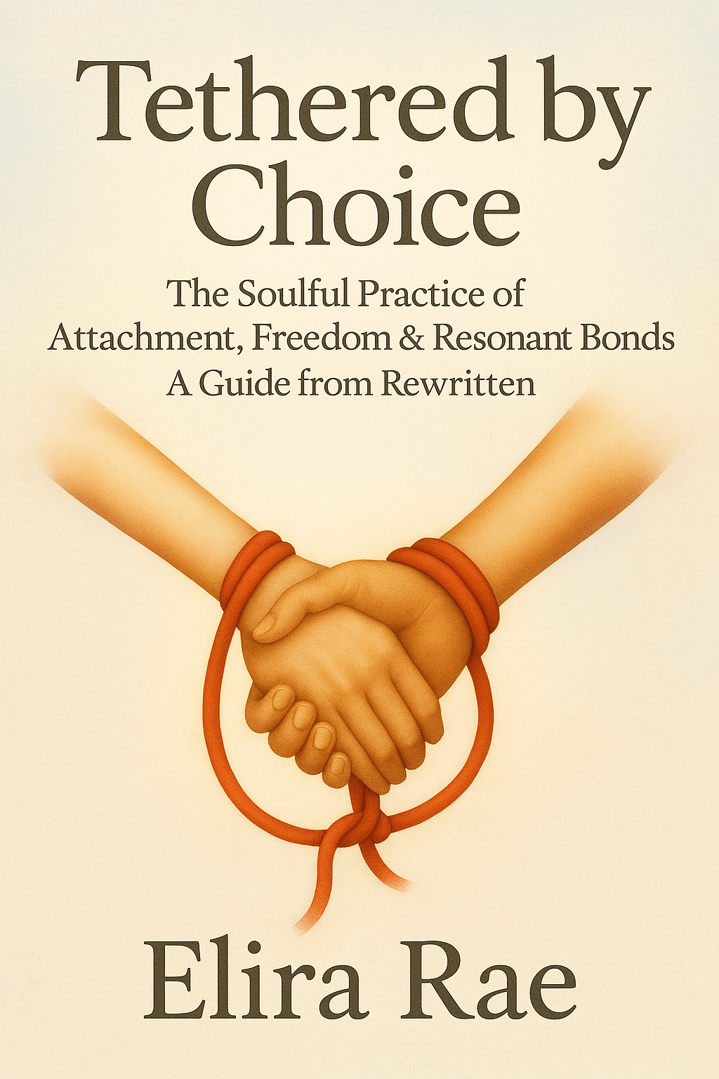 Book cover titled "Tethered by Choice" by Elira Rae, featuring an illustration of two hands clasped together with orange rope tied around their wrists.