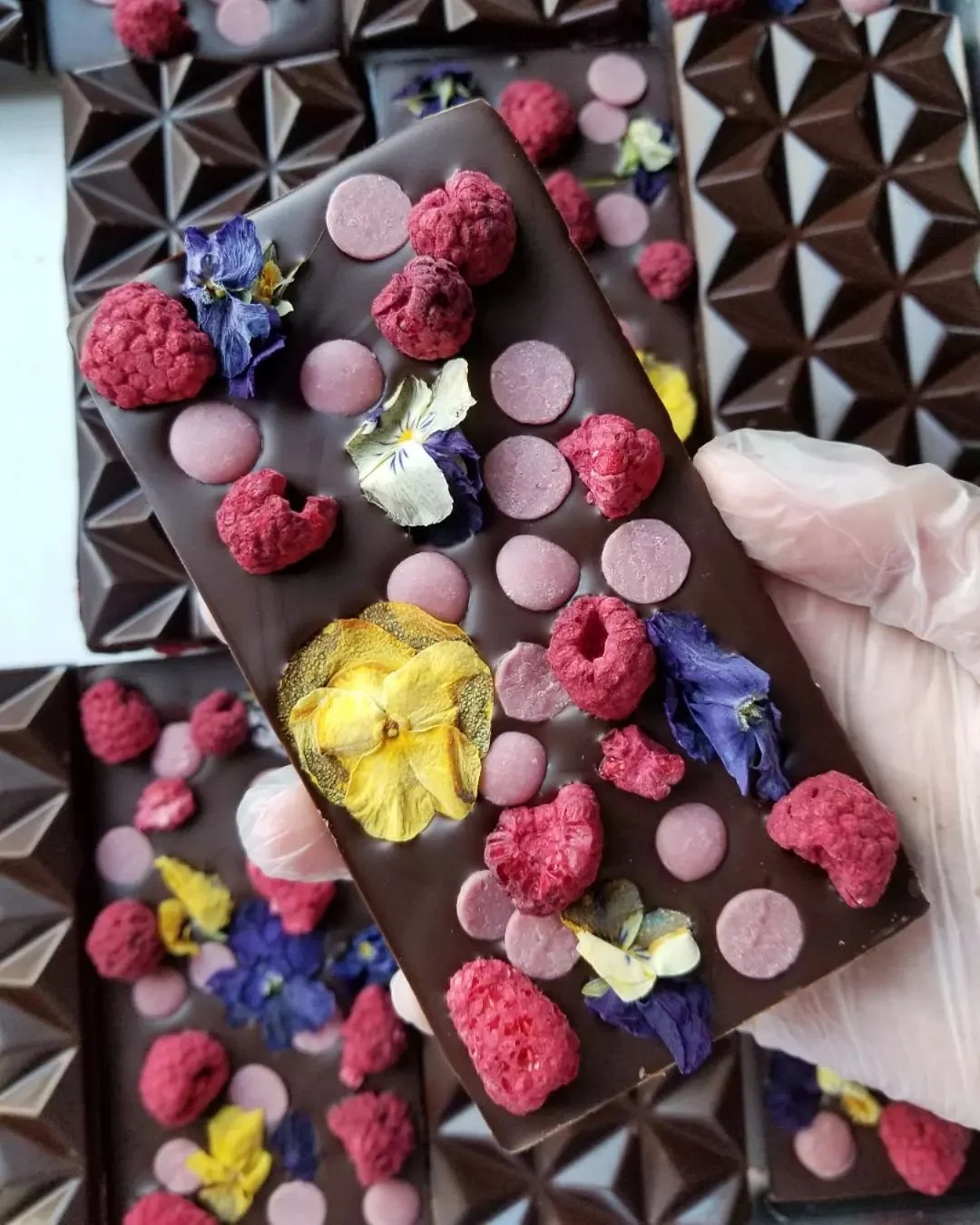 Dark Chocolate Specialty Bar with Ruby Chocolate, Freeze Dried Raspberries & Edible Flowers