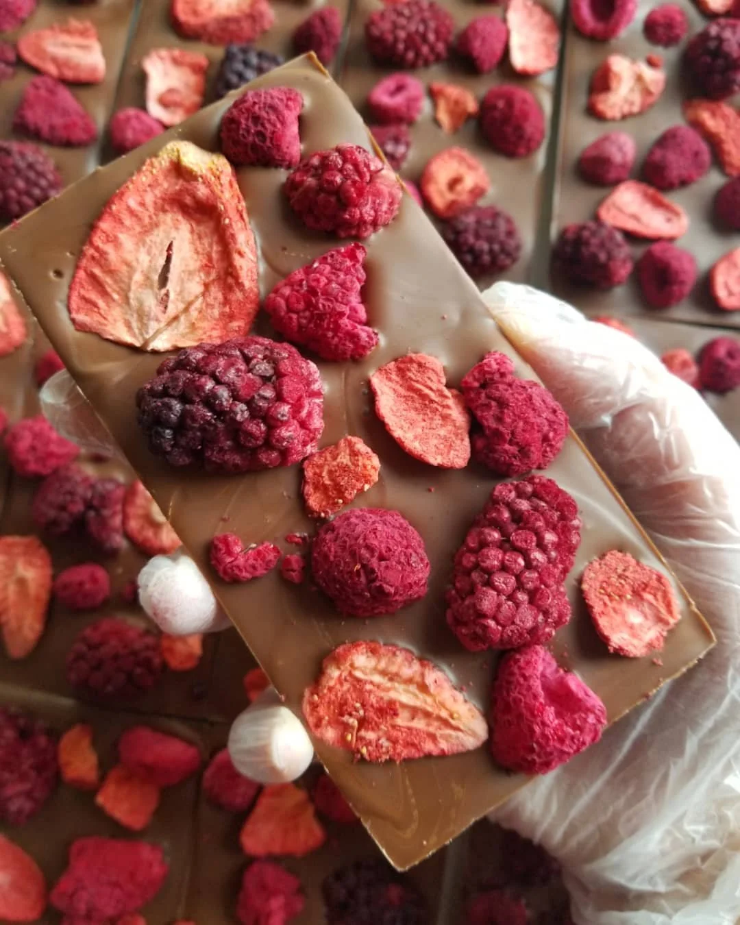 Milk Chocolate Specialty Bar with Freeze Dried Strawberries & Raspberries