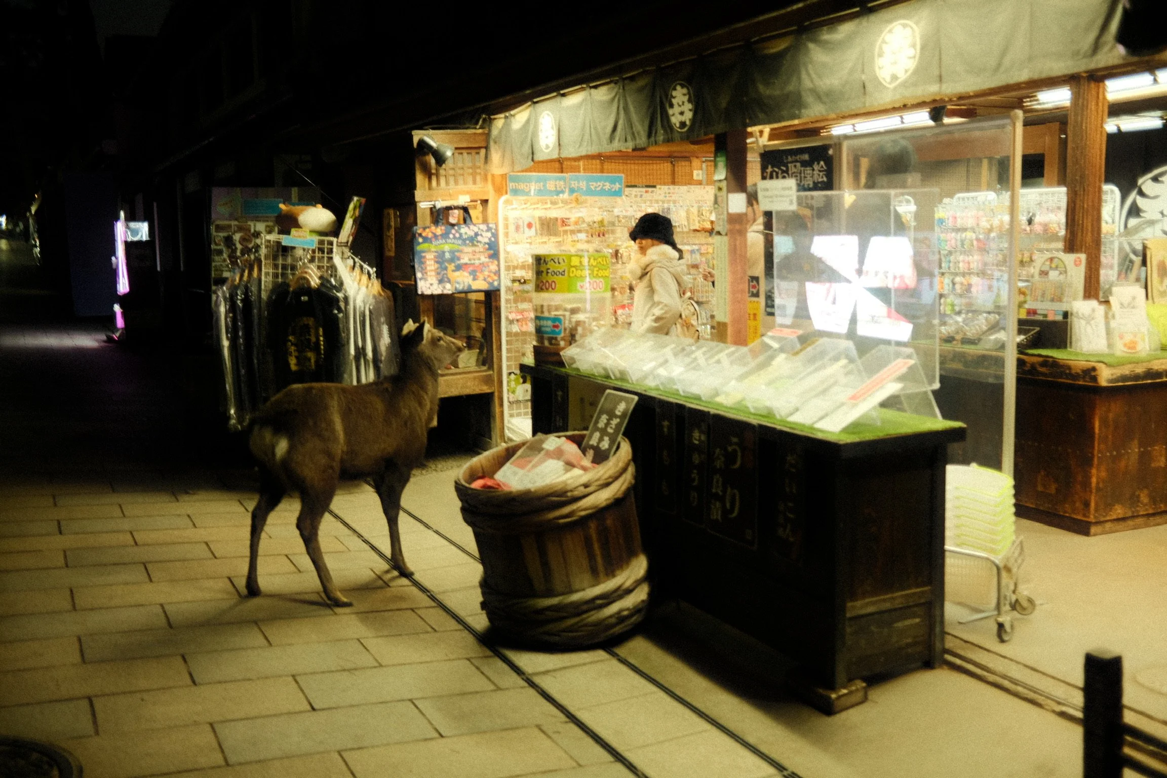 Nighttime scene of a small street food shop with a woman standing inside. A deer is tied to a basket on the sidewalk nearby. The shop sells various items, with signs in Japanese and some food displays in front.