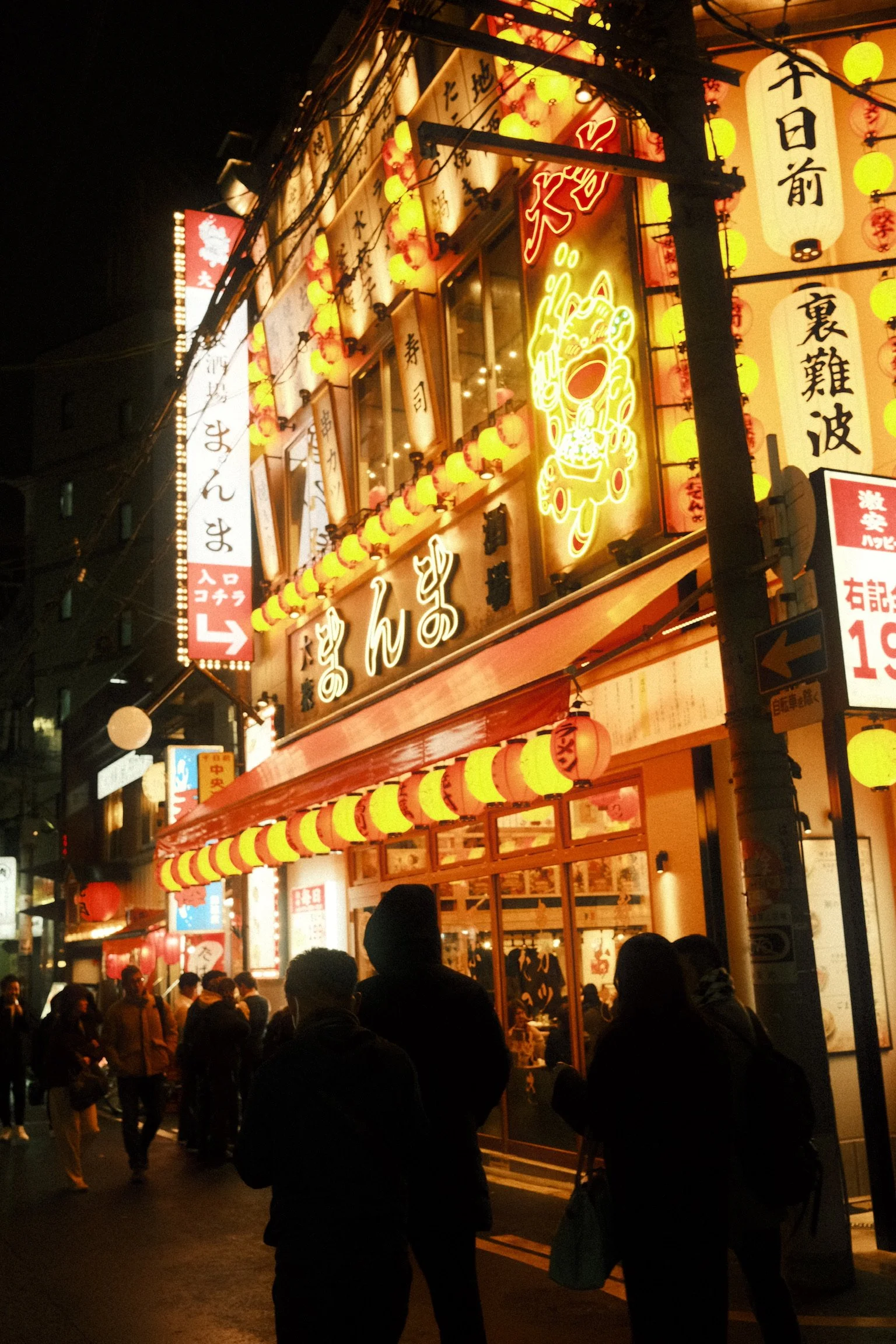 Nighttime street scene in Japan with illuminated signs, paper lanterns, and a crowd of people walking.