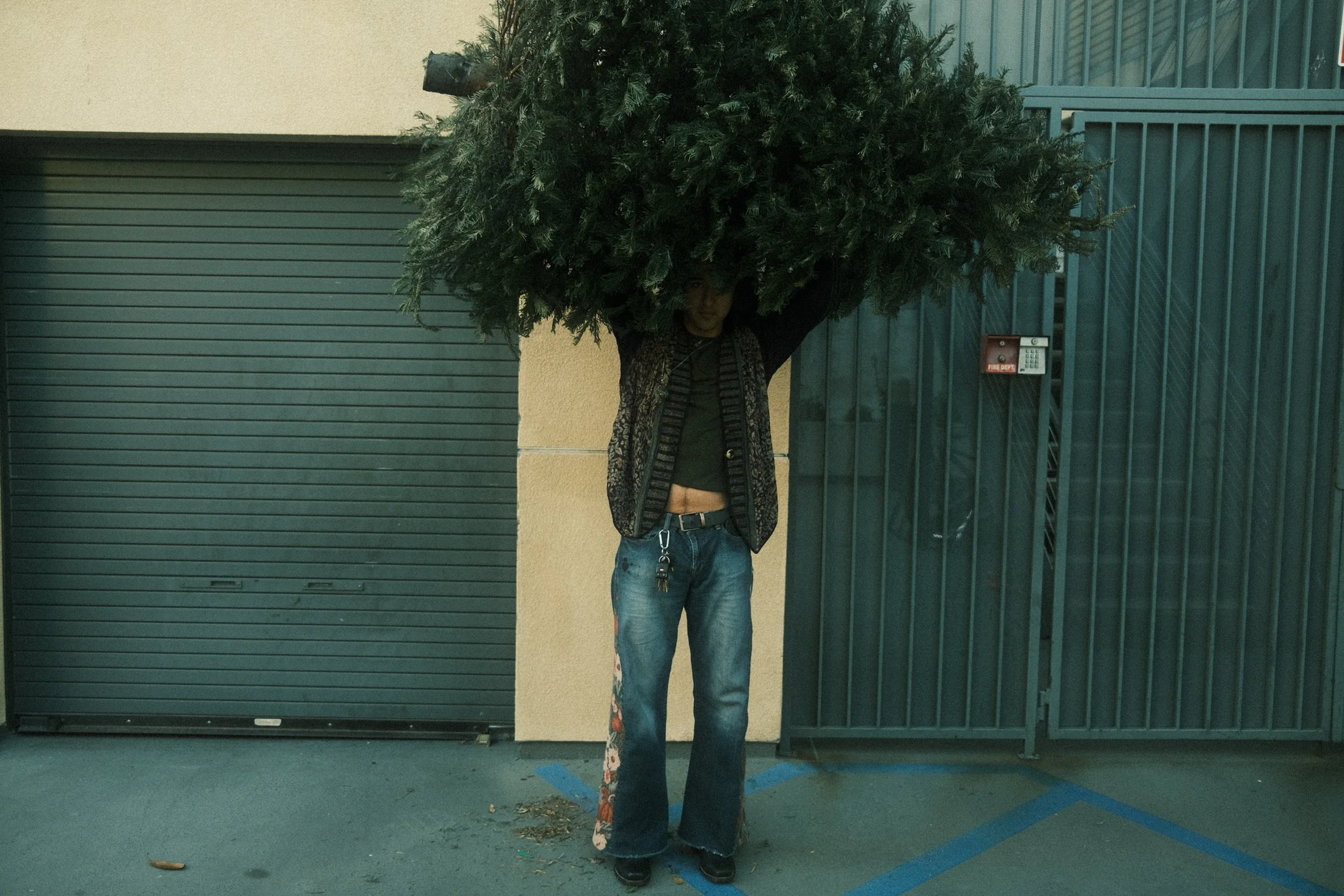 A person holding a large Christmas tree on their head standing in front of a garage door with an alarm keypad.