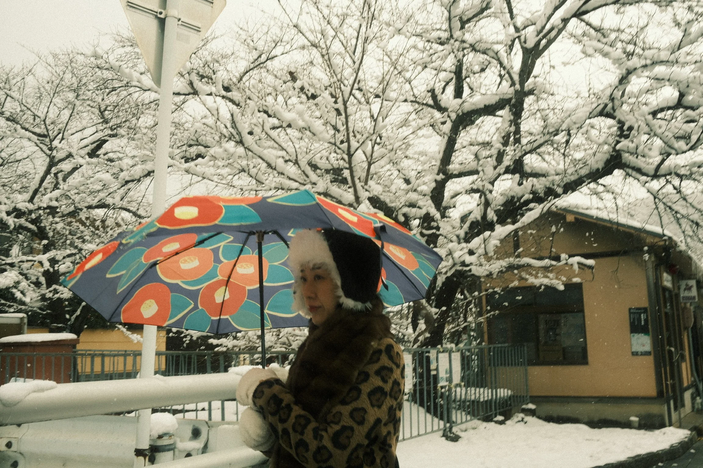 A woman in a leopard print coat holding a small snowball on a snowy day, standing under a colorful umbrella with orange and blue patterns. Snow covers trees and ground in the background, with a building behind a fence.