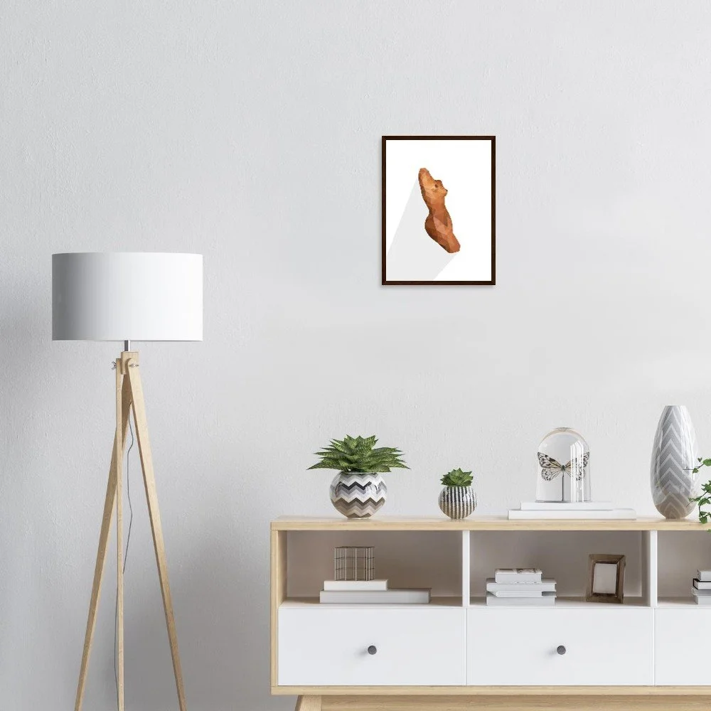 Framed 'Nude 58' terracotta geometric nude art print styled in a bright living room — modern minimalist wall decor by Miro Image