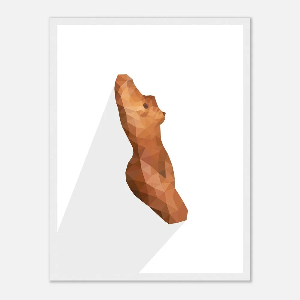 Nude 58 — original low-poly geometric nude study in warm terracotta by Toronto artist Miro Image; faceted torso, fine art print