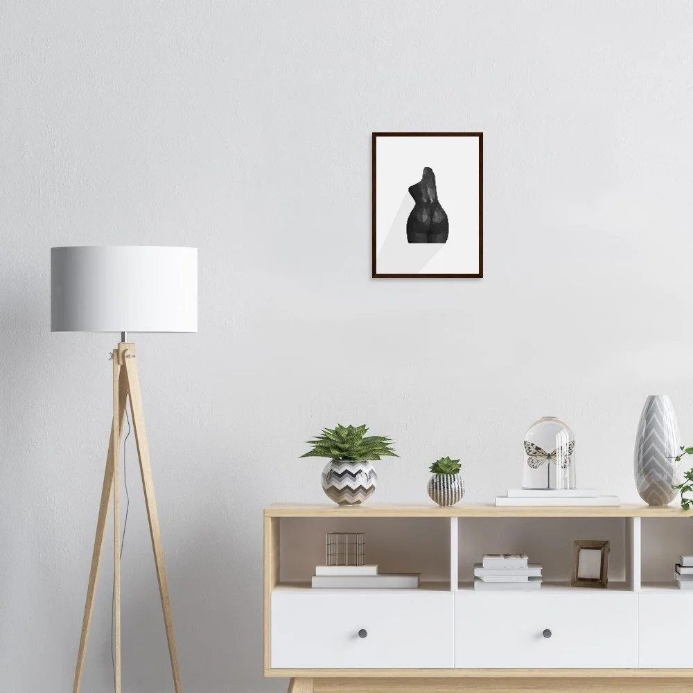 Framed 'Nude 63' geometric nude art print styled in a bright living room — modern minimalist wall decor by Miro Image