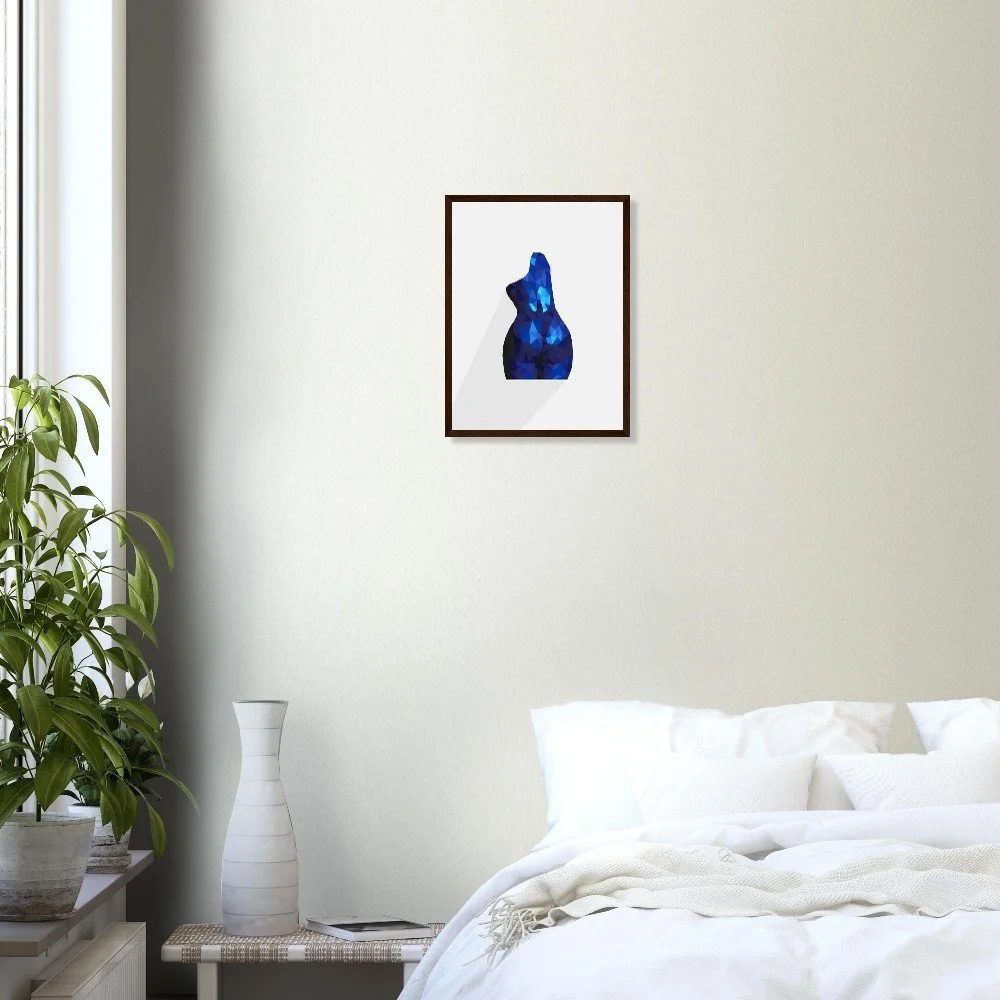 'Nude 63 II' torso art print in a white frame hung above a bed — contemporary bedroom wall art by Toronto artist Miro Image