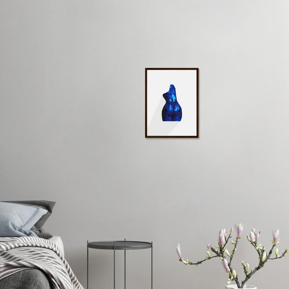 'Nude 63 II' torso art print in a white frame hung above a bed — contemporary bedroom wall art by Toronto artist Miro Image