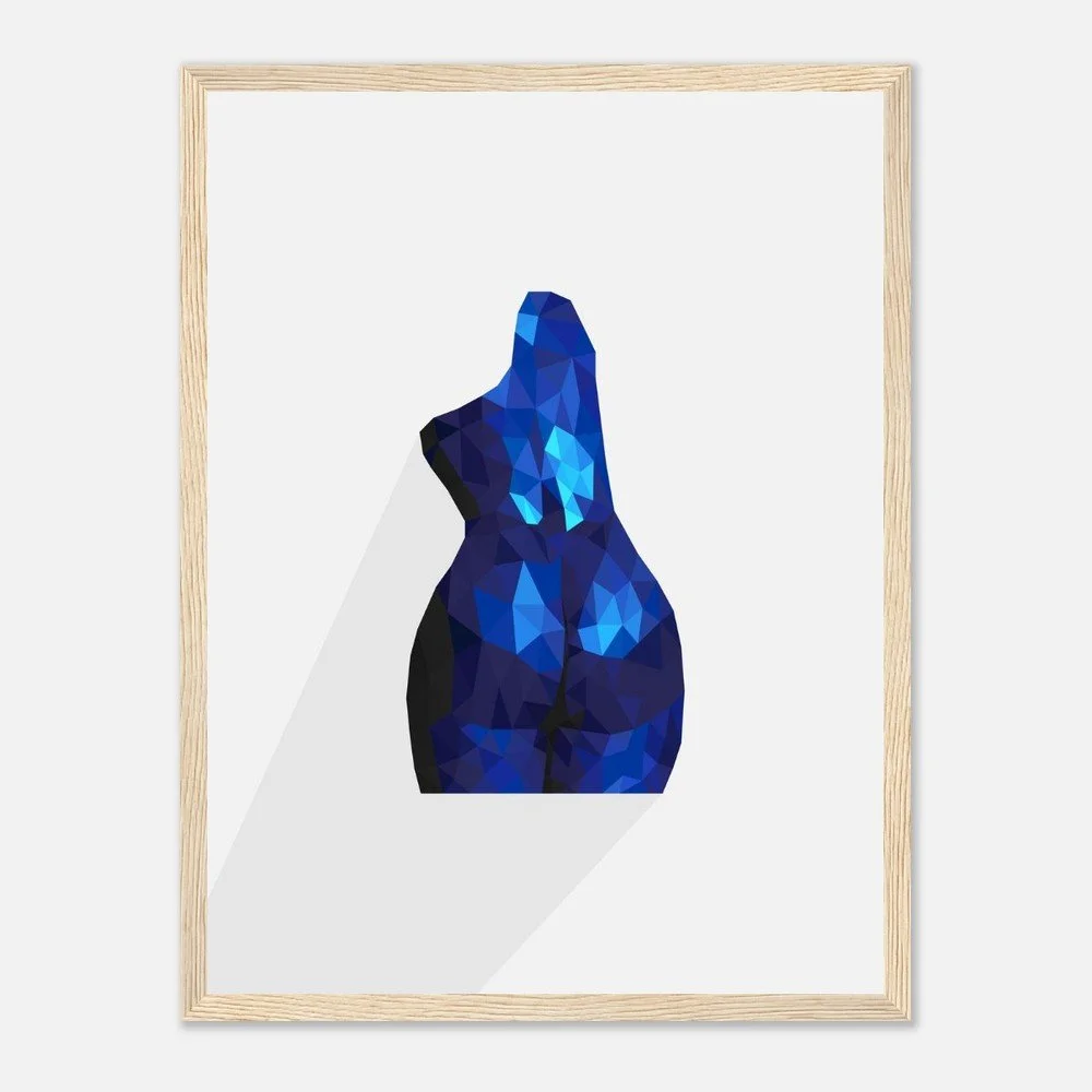 Nude 63 II — original low-poly geometric nude study in vivid cobalt blue by Toronto artist Miro Image; faceted torso, fine art print