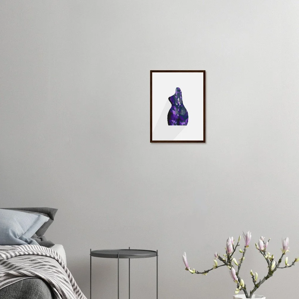 'Nude 63 III' torso art print in a white frame hung above a bed — contemporary bedroom wall art by Toronto artist Miro Image