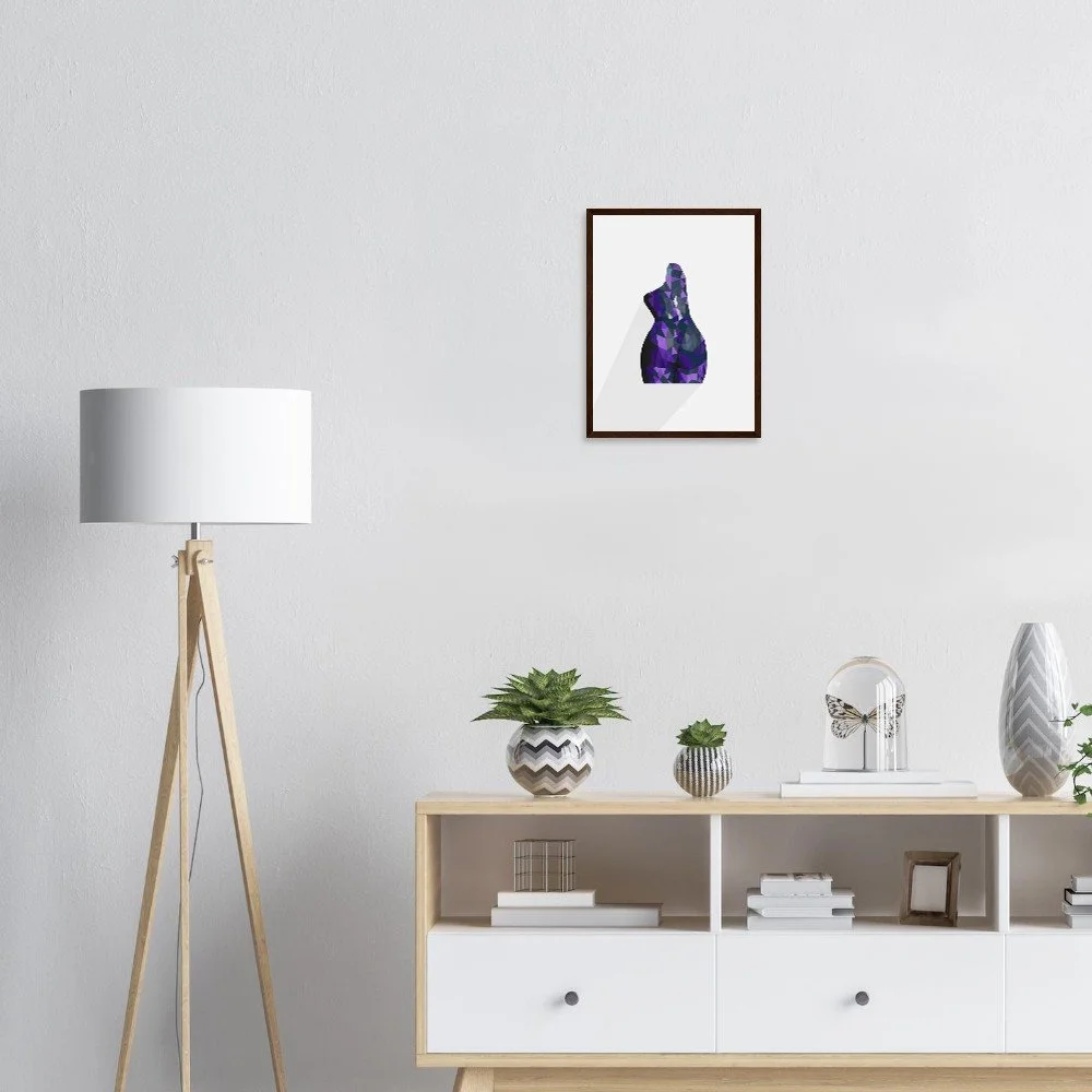 Framed 'Nude 63 III' violet geometric nude art print styled in a bright living room — modern minimalist wall decor by Miro Image