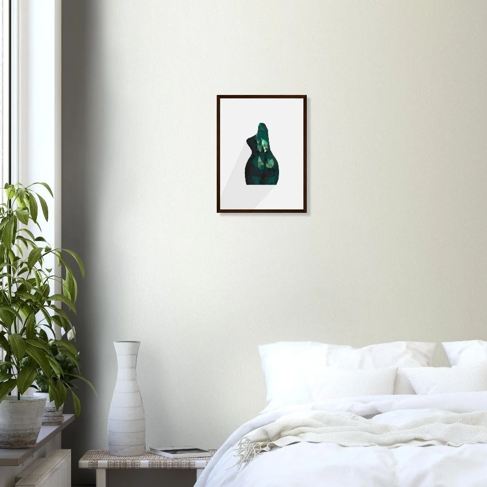 'Nude 63 IV' torso art print in a white frame hung above a bed — contemporary bedroom wall art by Toronto artist Miro Image