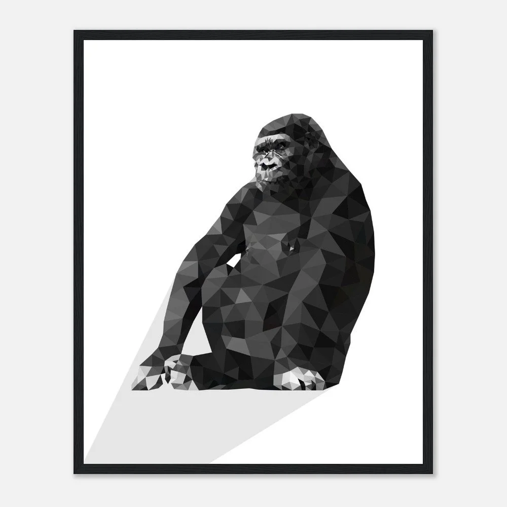 Sylvaback — original low-poly geometric gorilla portrait by Toronto artist Miro Image; faceted black and grey polygons, contemporary fine art print