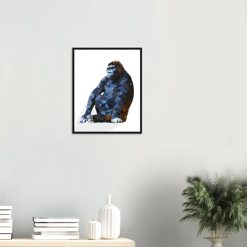 Sylvaback II — low-poly geometric gorilla portrait in blue, navy and burnt-orange by Toronto artist Miro Image; contemporary fine art print