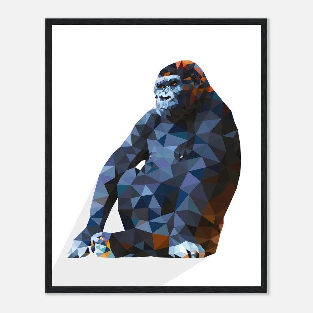 Sylvaback II — low-poly geometric gorilla portrait in blue, navy and burnt-orange by Toronto artist Miro Image; contemporary fine art print